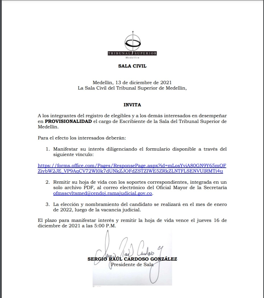 CONVOCATORIA ESCRIBIENTE SALA CIVIL